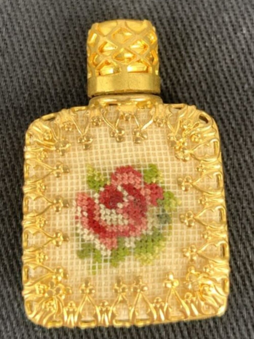 Pompadour Glass Perfume Bottle Petit Point Filagree Miniature 1 3/8"